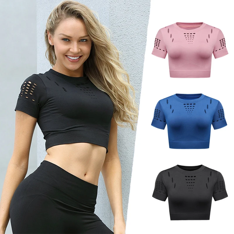 

New Summer T Shirt Women Quick Dry Breathable Elastic Short Sleeve Hollow Out Solid Color Tees Female Fitness Tight Tops