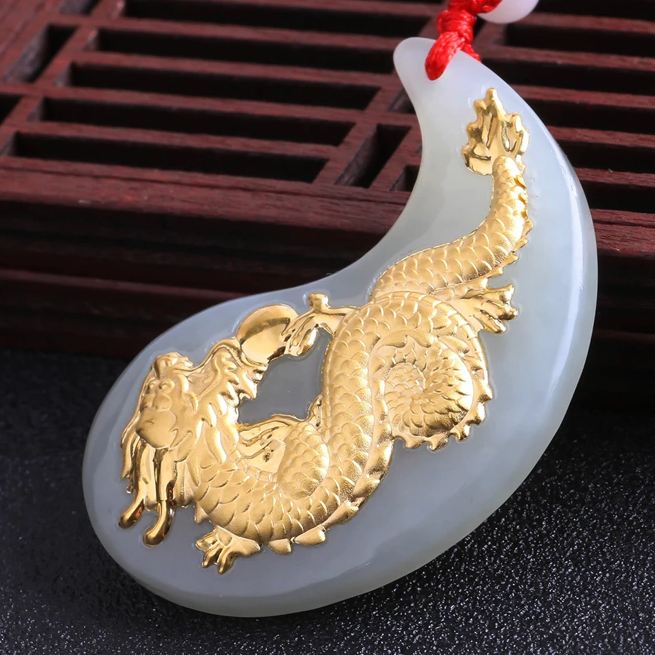 Natural Gold and Hetian Jade Pure Solid 24k Gold Dragon Phoenix Lucky Amulet Pendant + Necklace + Certificate Fine Jewelry 8661 Fine Jewelry