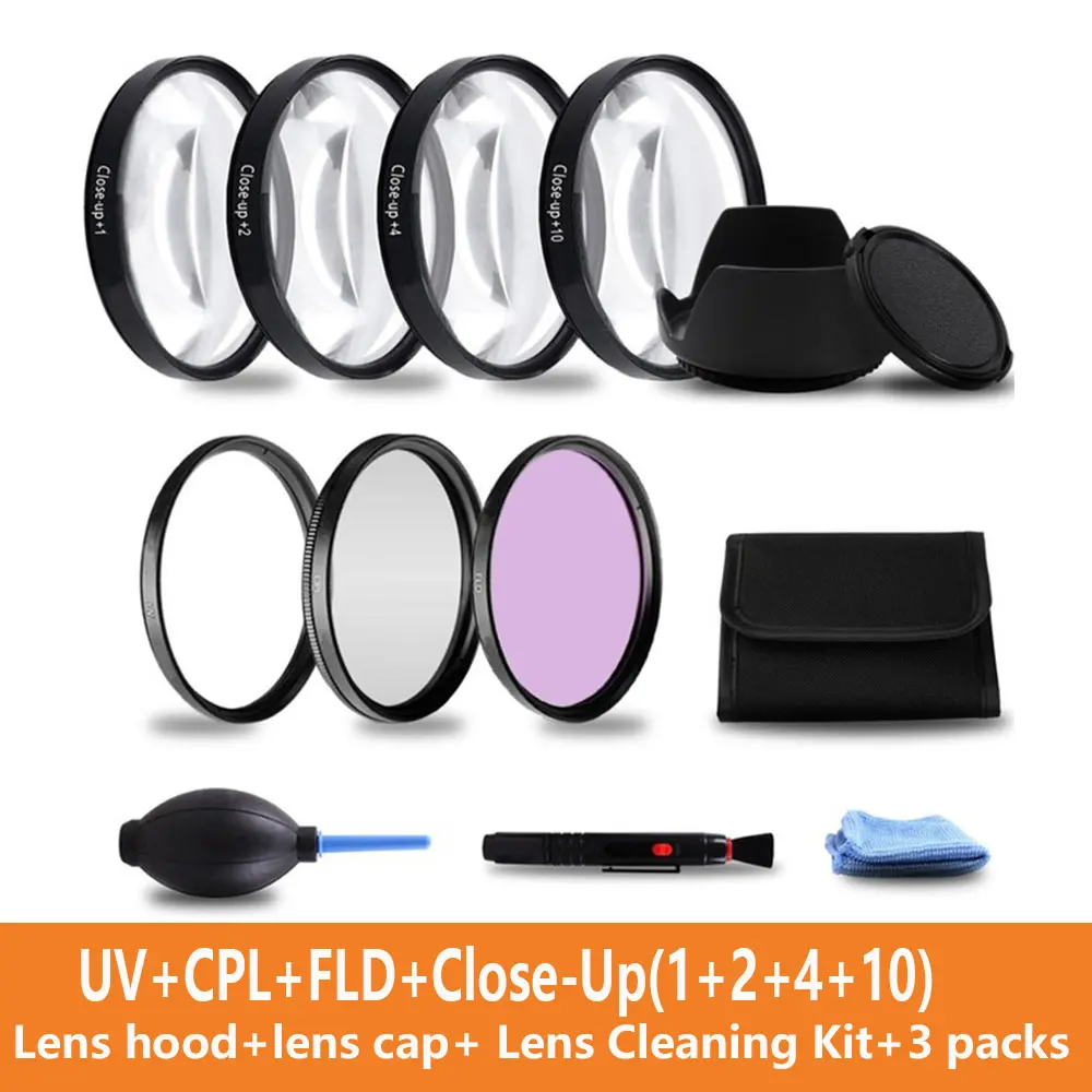 49 52 55 58 62 67 72 77 мм Макро-фильтр+ 1+ 2+ 4+ 10 комплект+ UV CPL FLD+ ND2 4 8 фильтр объектива камеры+ бленда для Canon Nikon sony - Цвет: Kit 3