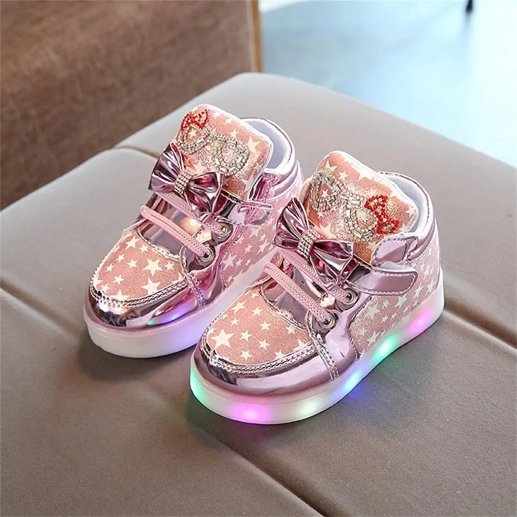 

Children Girls Casual Breathable Fastening Tape Bow Rubber Closure Flat Print Luminous Sneakers