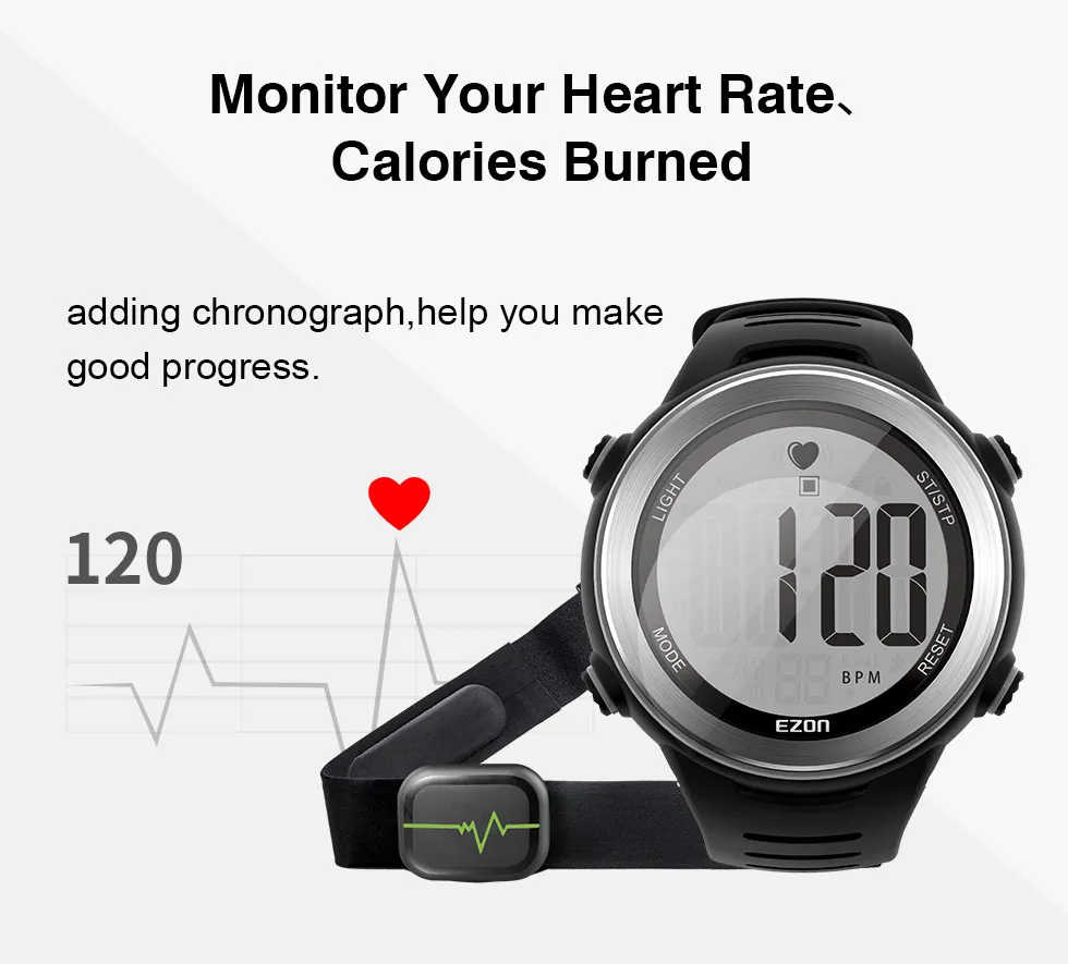 EZON T007 монитор сердечного ритма Фитнес бег цифровые часы 50 M Водонепроницаемый Будильник Секундомер спортивный наручные часы с нагрудным ремешком