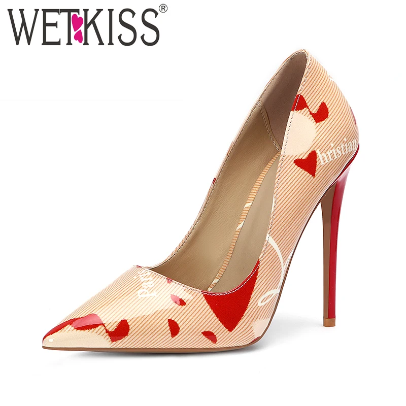 

WETKISS Stiletto Heels Women Pumps Pointed Toe Footwear Print Patent Pu Shoes Female Party Shoes Woman Spring 2019 Plus Size 45