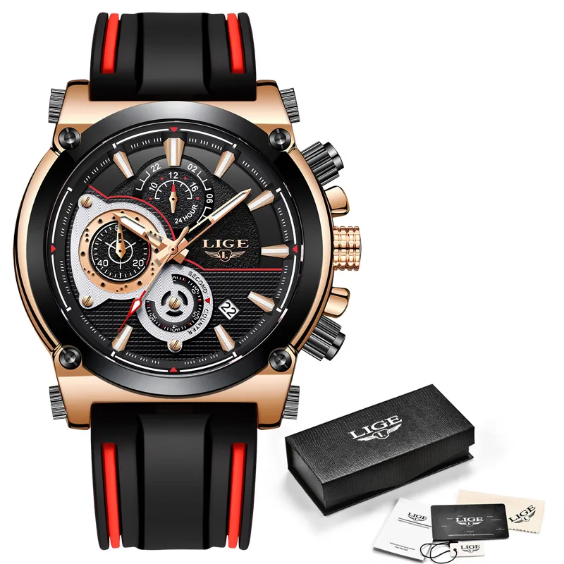 Для мужчин часы lige Top Элитный бренд Бизнес силиконовый ремешок Водонепроницаемый кварцевые наручные часы Для мужчин Модные Военные хронограф дат+ коробка - Цвет: Rose Gold black