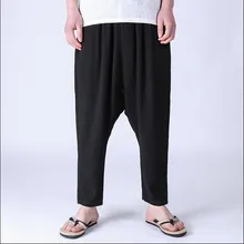 Мужские хлопковые льняные штаны, летние до середины талии, свободные, для отдыха, однотонный с кулиской, большие размеры, M-6XL, мужские повседневные штаны