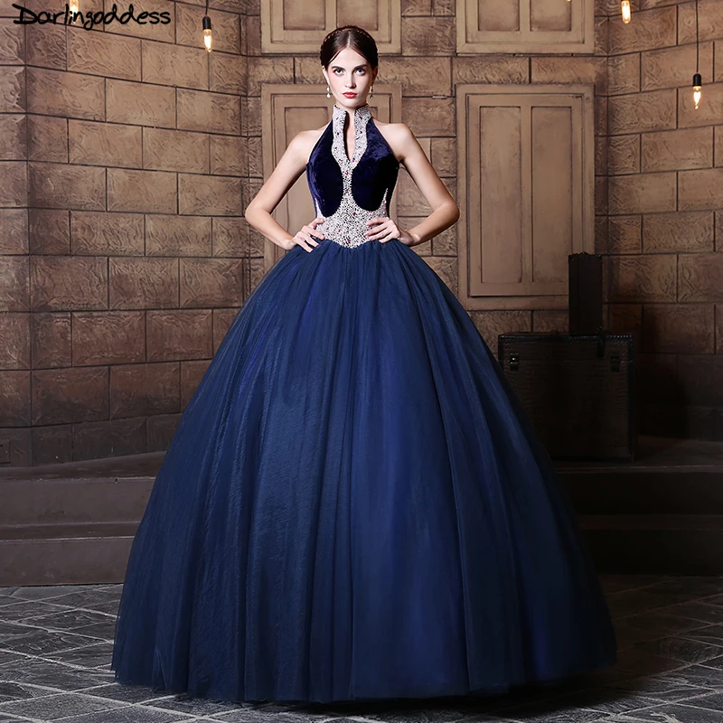 Darlingoddess Королевский синий Quinceanera платья с длинным рукавом аппликации кружева