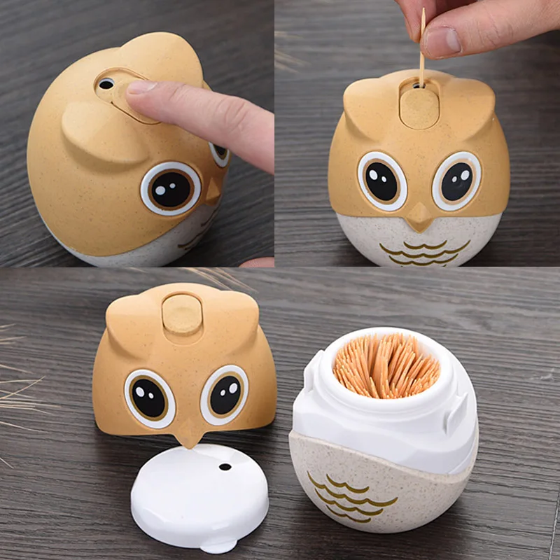 1Pcs Cute Cartoon Toothpick Storage Box Wheat Straw Owl Shaped Home Table Decor Toothpick Dispenser