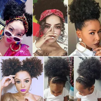 High Afro Puff Ponytail Drawstring Chignon Hairpiece Short Synthetic Kinky Curly Fake Hair Bun Updo Clip in Hair Extensions 6