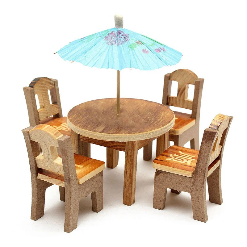 Hot Sale Cute Miniature Furniture Doll Ornaments Wooden Mini Dining Room Table Chairs Umbrella