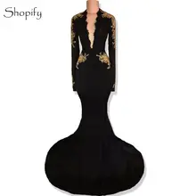 Платье для выпускного вечера с длинными рукавами es Великолепное платье с v-образным вырезом и открытой спиной из кружева в африканском стиле черное атласное платье для выпускного вечера