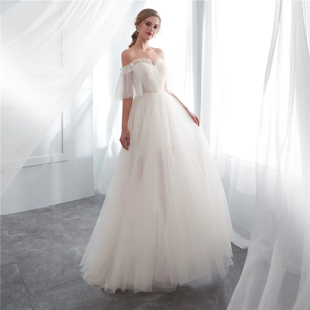 Cheap Lace Wedding Dress O Neck Tulle Boho Beach Bridal Gown