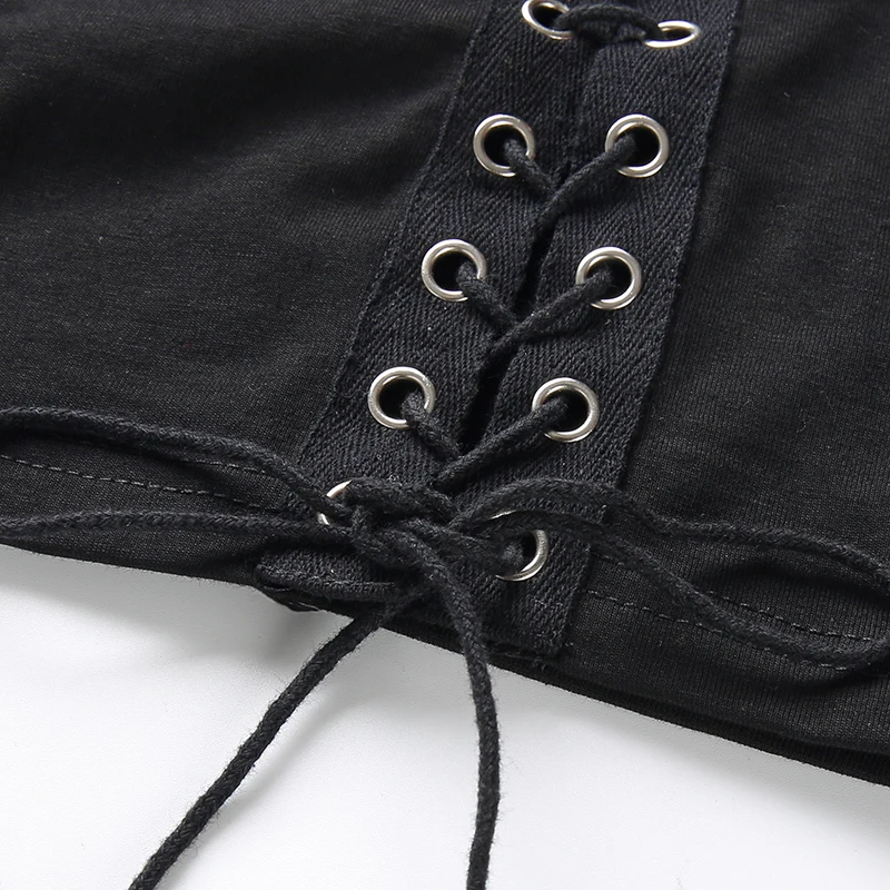 Sweetown Осенняя футболка с длинным рукавом для женщин Vogue Черный квадратный воротник крест-накрест бандажный укороченный топ рубашка сексуальная элегантная Базовая футболка