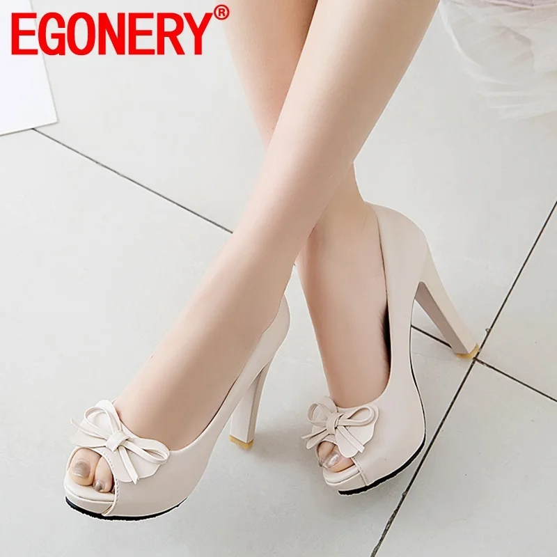 

EGONERY hot sale woman shoes spring new fashion sweet bowtie party woman pumps outside super high heels platform ladies shoes