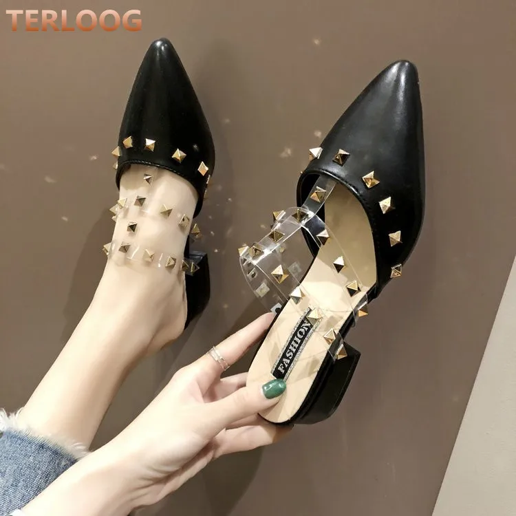 

mid heels women slippers sandal women shoes Casual Pointed Toe pu Leather outdoor Indoor high heels Flip Flops shoes women mujer