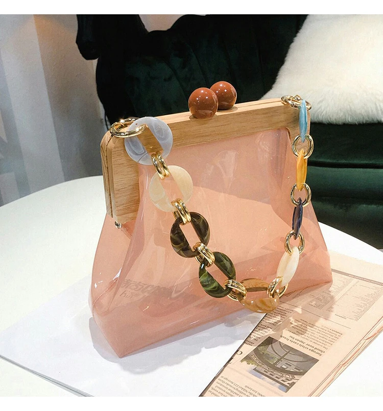 Wood Clip PVC Clear Jelly Handbag Woman New Designer Korean Acrylic Chain Transparent Jelly Shoulder Bag Clutch Female