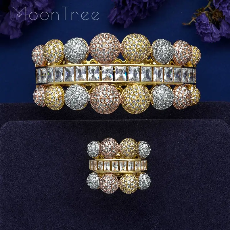 

MoonTree Luxury Ball Connected Full Mirco Paved Microl Zirconia Geometry Design Women Bracelet Bangle Ring Set Dress Jewelry