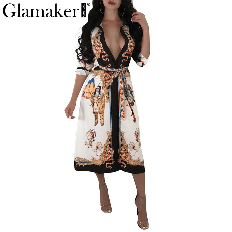 Женское платье рубашка Glamaker белое средней длины с глубоким треугольным вырезом и