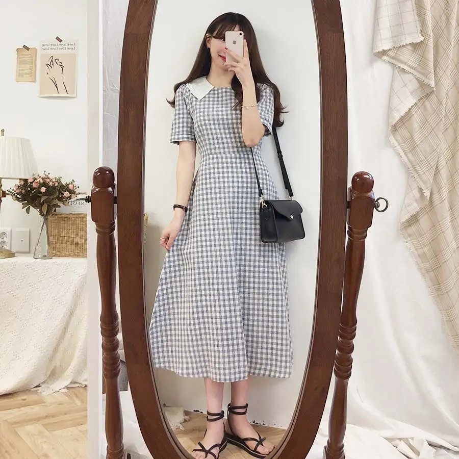 

plaid girl dress horse Girls plus size New Summer knee dress Boho Female Dress print short Sleeve Women Dresses Robe Vestido