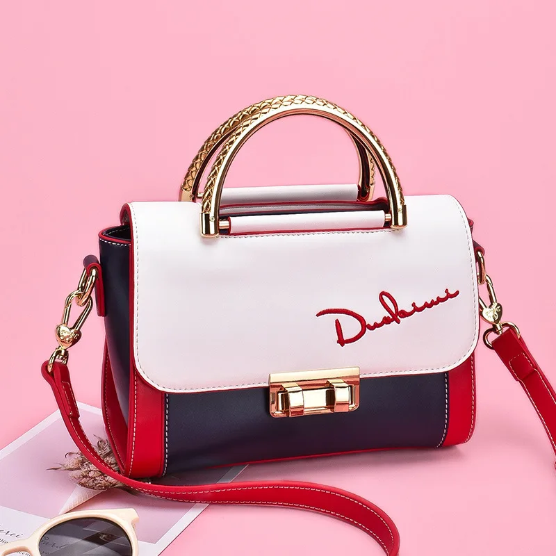 

DuoLaiMi 2019 New Arrival England Style Patchwork Metal Handle Rivet Lock Panelled PU Women Small Handbag Shoulder Crossbody Bag