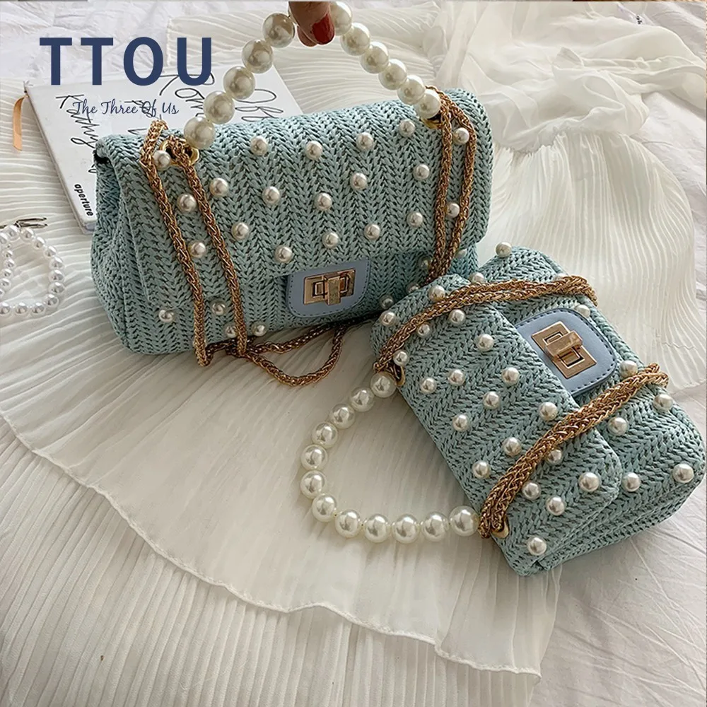 

TTOU Elegant Women Crossbody Bags Vintage Pearl Handle Ladies Evening Straw Handbag Chic Female Chain Shoulder Bags sac a main