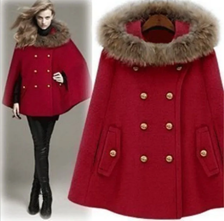 Winter Wool Cape Coat Woman Double Breasted Coat Fuax Fur Collar Cape