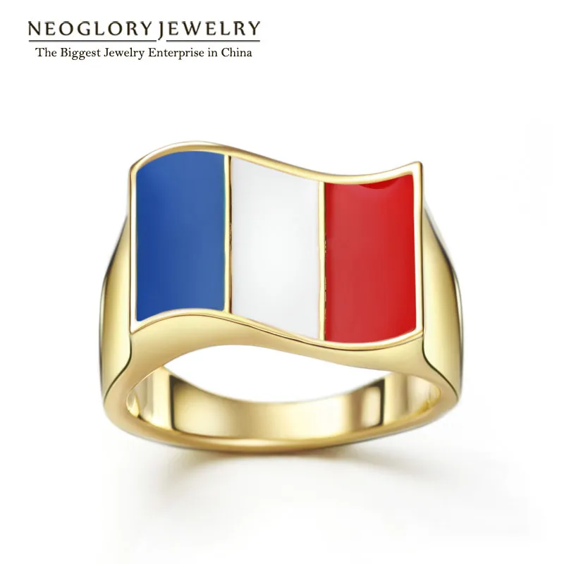 

Neoglory 2018 Alloy Light Yellow Gold Color Stoving Varnish French Flag Rings for Women Men Fashion Jewelry 2018 New Gift CLE