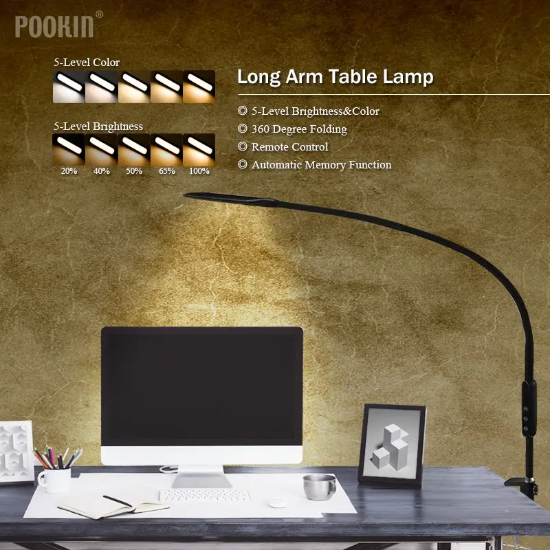 Long Arm Table Lamp Clip Office Led Desk Lamp Remote Control Eye-protected Lamp For Bedroom Led Light 5-Level Brightness&Color