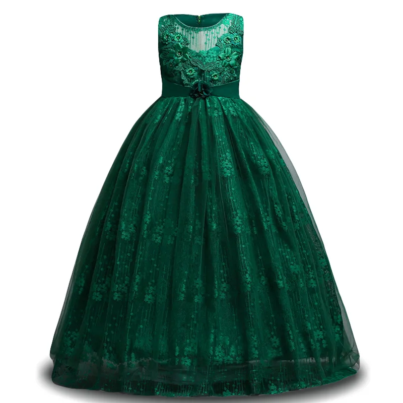 Детское Элегантное Длинное платье; вечерние платья для девочек; кружевное платье принцессы; свадебное платье с цветочным узором для девочек; Детские нарядные костюмы для девочек - Цвет: Green