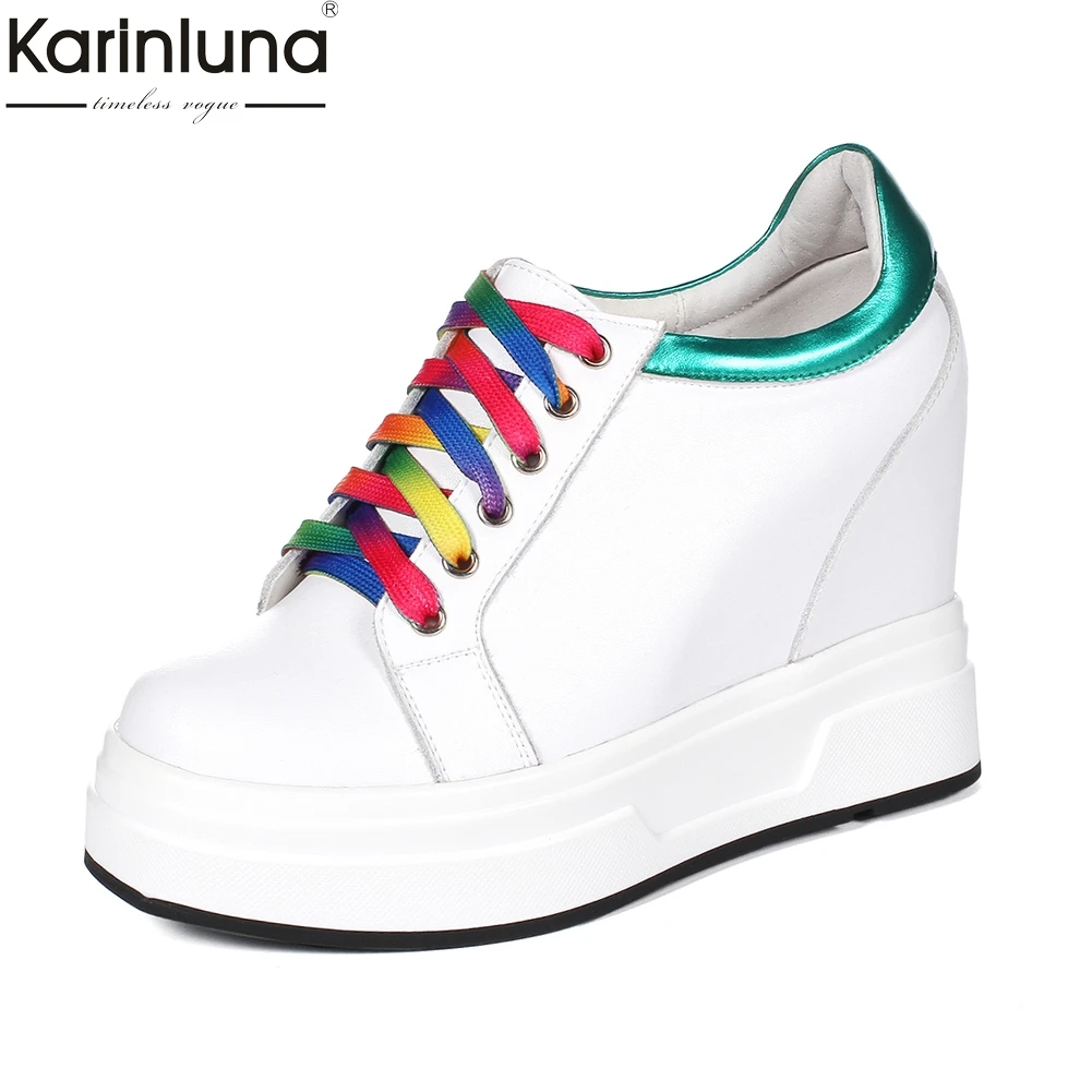 

KarinLuna Brand new Genuine Leather Large Size 32-40 Lace Up Sneaker Woman Shoes High Heels Platform Vulcanize Shoes Woman
