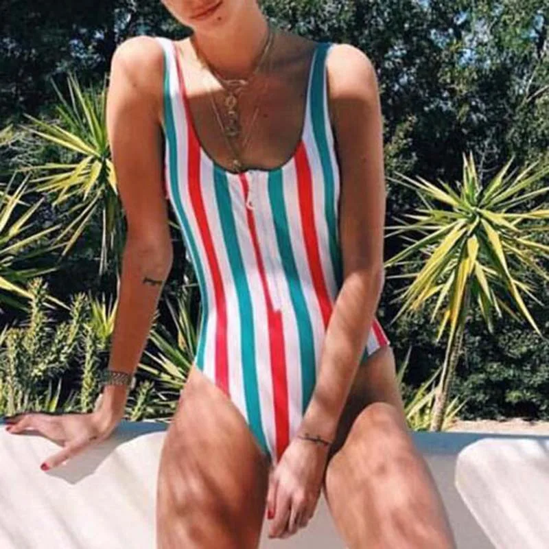 

Striped One Piece Swimsuit Women Bather Backless Female 2019 Swimwear Beach Swim Suit Body Bathing Suit Zipper Swimming Suit