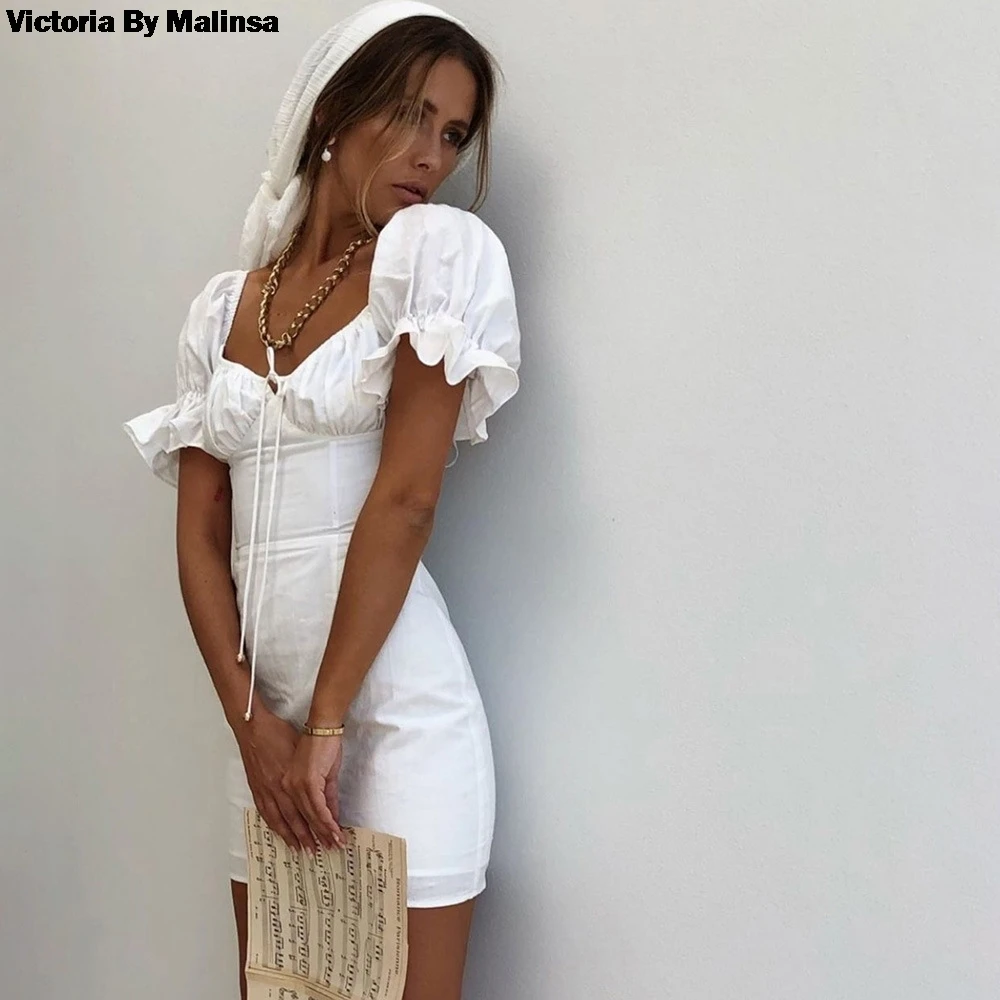 

Summer 2019 Secret Puff Sleeve Fashion Square Collar Low Cut Short Sleeve DressesWomen White Elegant Mini Dresses