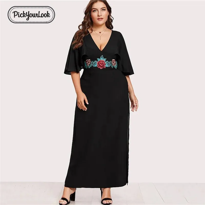 Pickyourlook, женское платье большого размера, летнее, черное, большое, макси платье для женщин, с вышивкой, глубокий v-образный вырез, короткий рукав, Robe Femme Vestidos