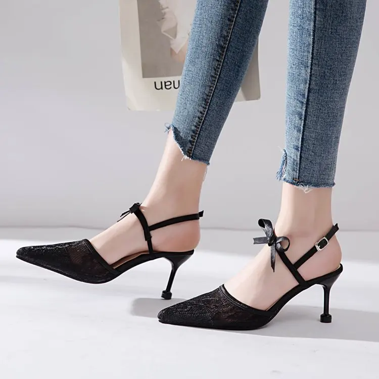 

2019 Summer Women's Shoes High Heels Sandals (Heel 5-8CM) Solid Color Pointed-toe Shoes Sexy Hollow Lace Sandals EUR34-39