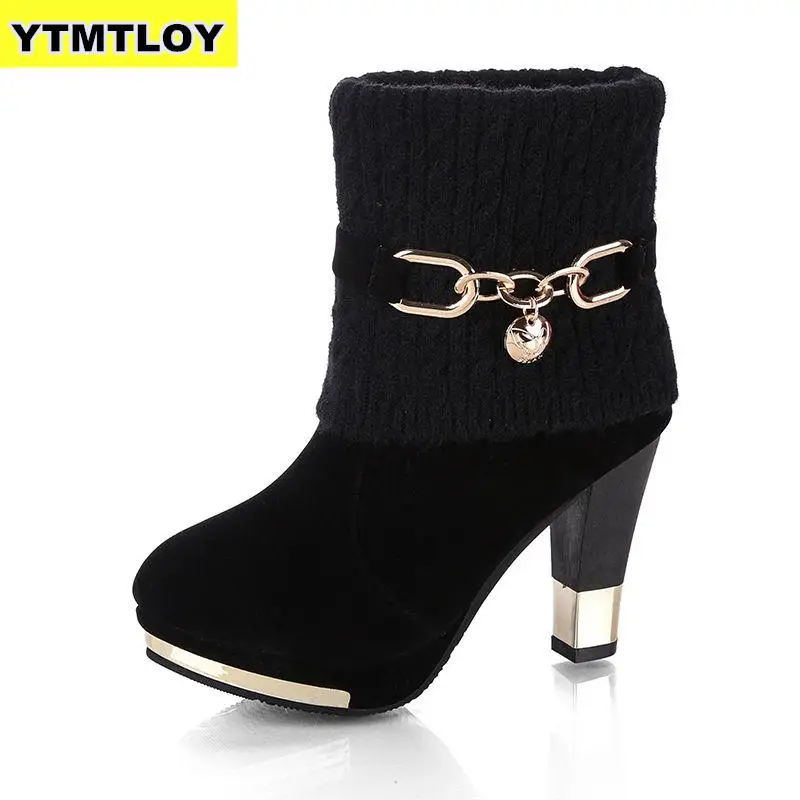

HOT Women Ankle Boots Plus Size 35-43 Med Square Heels Ladies Snow Boot Feather Office Female Shoes Woman Botas Mujer Crystal