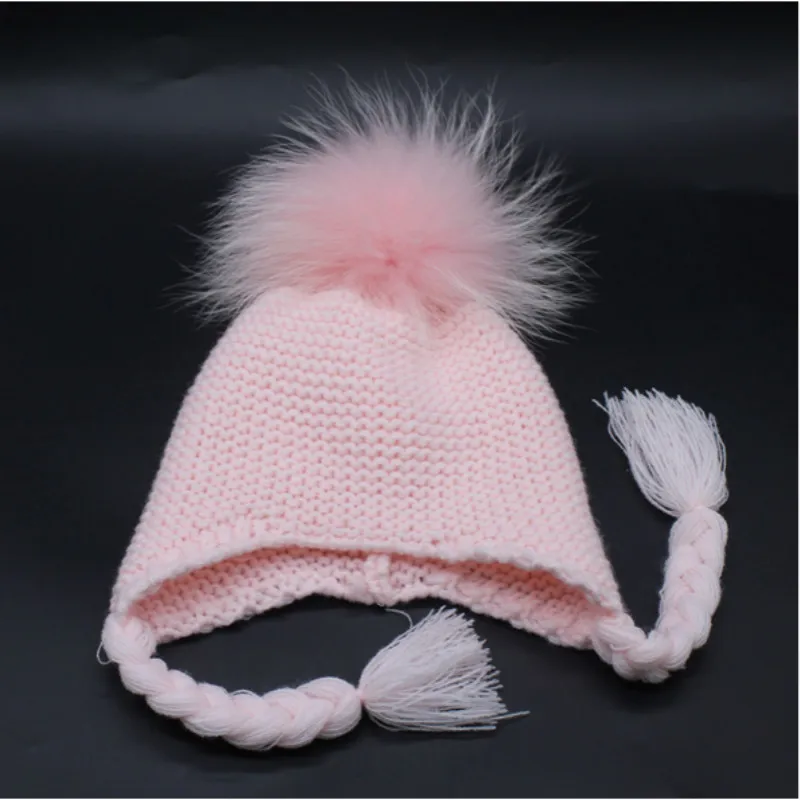 Детский помпон из меха енота, зимняя шапка с ушками, милый мех норки, помпон, теплый вязаный берет, лыжная шапка для детей - Цвет: Розовый