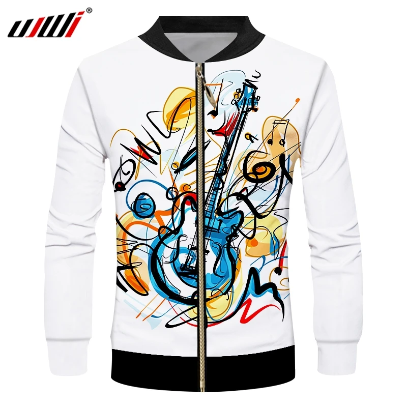 

UJWI 2019 Men's Casual Zip Jacket Funny Doodle Style Sweatshirt Guitar 3D Print Sportswear