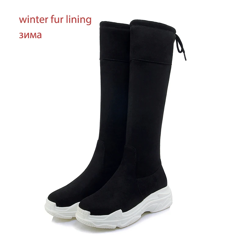WETKISS/женские ботинки размера плюс 46 женские эластичные ботинки на плоской подошве с круглым носком и перекрестной шнуровкой Женская зимняя обувь из флока на платформе - Цвет: black thick plush