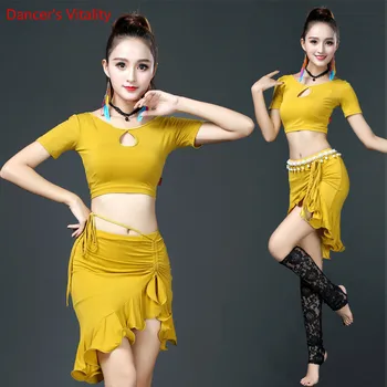 

Belly dance Costume Sexy Short Sleeves Tops+Beveled Skirt+Pearl Belt 3pcs/Suit For Women Girls Belly Dancing Set Practice wears
