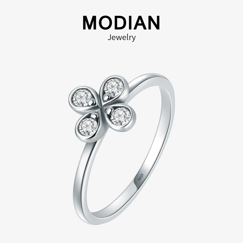 

Modian Lucky Flower Clover Trendy Ring 100% 925 Sterling Silver Charm Clear CZ Stackable Finger Rings For Women Party Jewelry