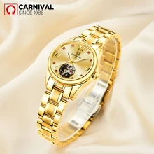 Carnival Luxury Full Gold Hollow Automatic Mechanical Wrist Watches Watches For Women Dress Casual Clock Ladies Fashion Watch