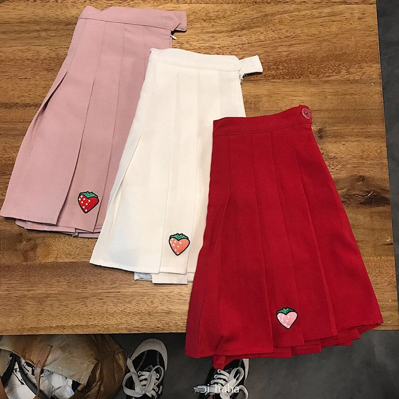 

2019 Summer Harajuku Women Skirts Strawberry Embroidery High Waist Pleated Skirt A Line Wild Slim Mini Skirt Harajuku skirts