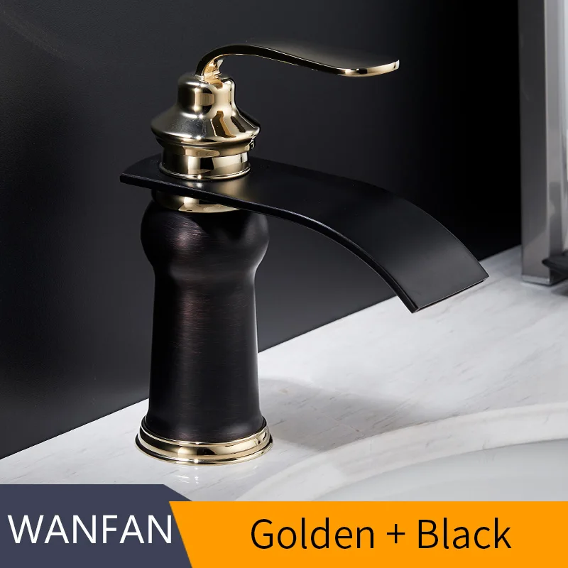 Золотые Смесители для раковины, современный стиль, кран для ванной комнаты, на бортике, водопад, одно отверстие, смесители для холодной и горячей воды, кран 9273 - Цвет: Golden and Black