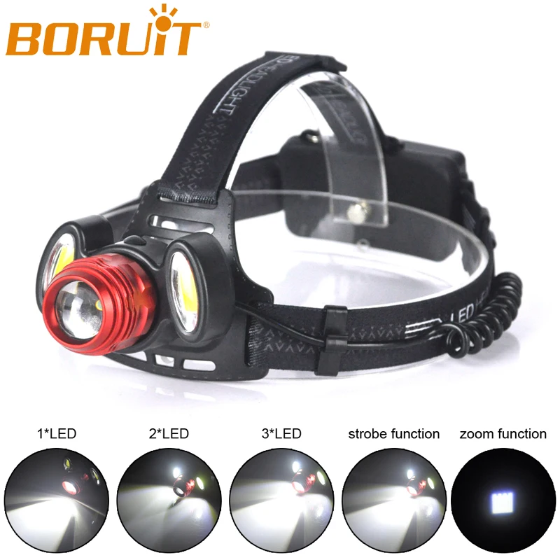 

BORUiT Rechargeable LED Headlamp Flashlight Zoomable 4 Modes Waterproof Headlight Camping Hunting Fishing Head Torch Light 18650