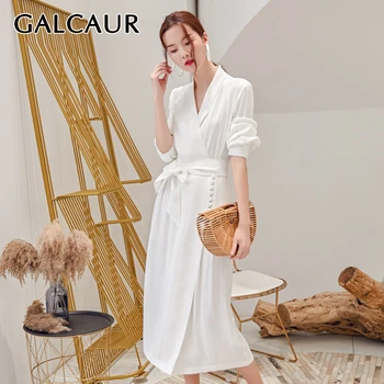 

GALCAUR Elegnat Solid Trench For Women V Neck Lantern Sleeve High Waist Lace Up Satin Long Wind Breaker Female 2020 Fashion