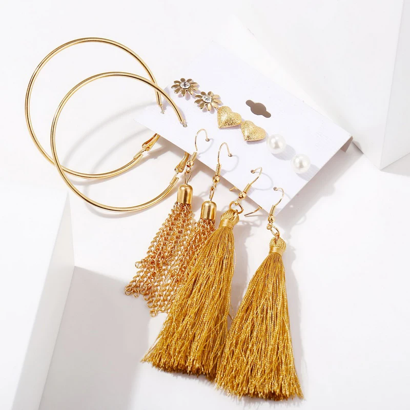 Belleper New Design Tassel Earring Sets Women Geometric Bohemian Gold Flower Long Tassel Earring Set Fashion Wedding Jewelry