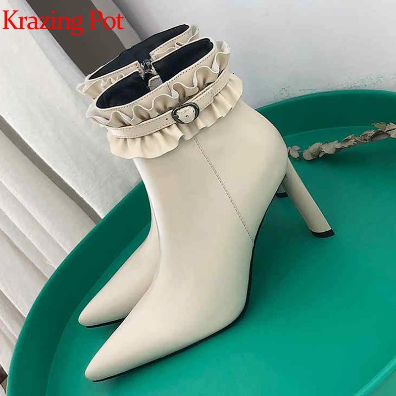 

Krazing Pot genuine leather high heels office lady basic boots style princes design pointed toe ruffles lacework ankle boots L25