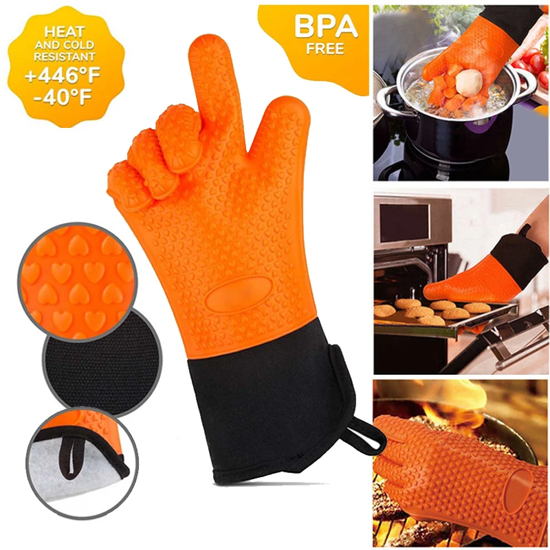 

2pcs Food Grade Thick Heat Resistant Silicone Glove BBQ Grill Gloves Kitchen Barbecue Oven Cooking Mitts Grill Baking Gloves