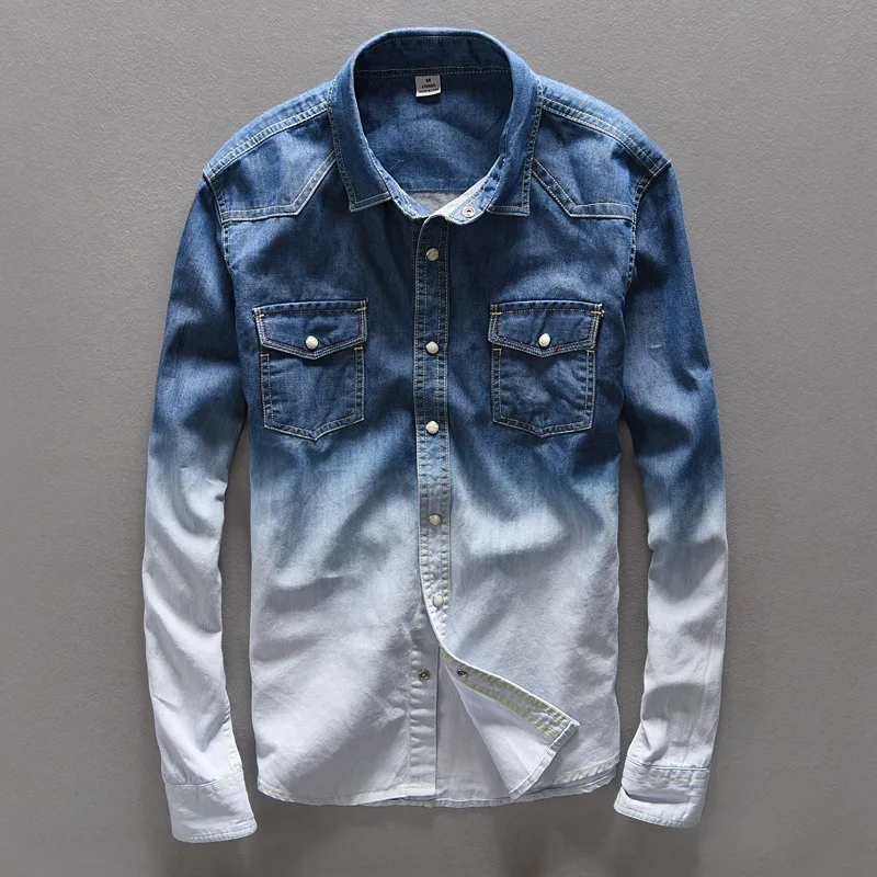 

2017 Slim Fit Denim Shirts Men Gradient color Casual clothing long Sleeve man's dress Fashion Soft 100% Cotton Jeans Shirt