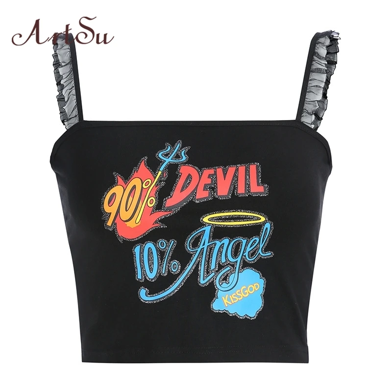 

ArtSu Ruffles Strap Crop Top Harajuku Punk Backless Women Cami Top Casual Printed Black Cropped Summer Tops Streetwear ASVE20711