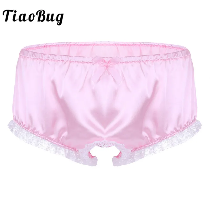 

TiaoBug Men Soft Shiny Satin Ruffled Floral Lace Trim Open Crotch Briefs Sexy Male Gay Bow Stretchy Underwear Panties Underpants