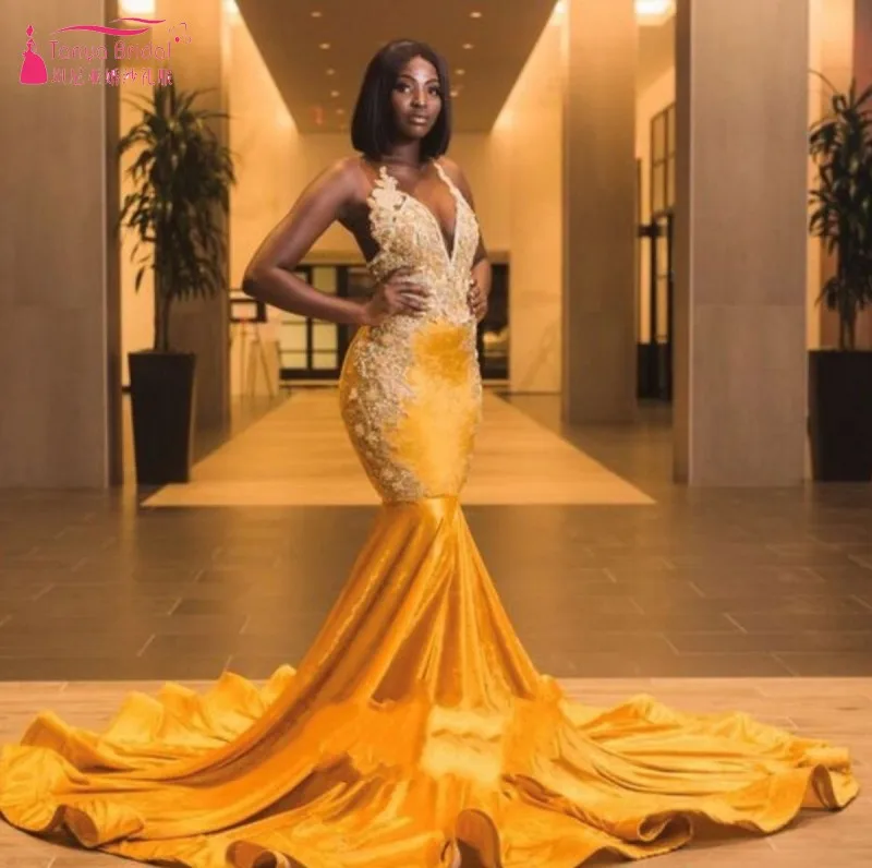 

GORGEOUS YELLOW VELVET LONG TRAIN MERMAID AFRICAN AMERICAN PROM DRESS DQG940